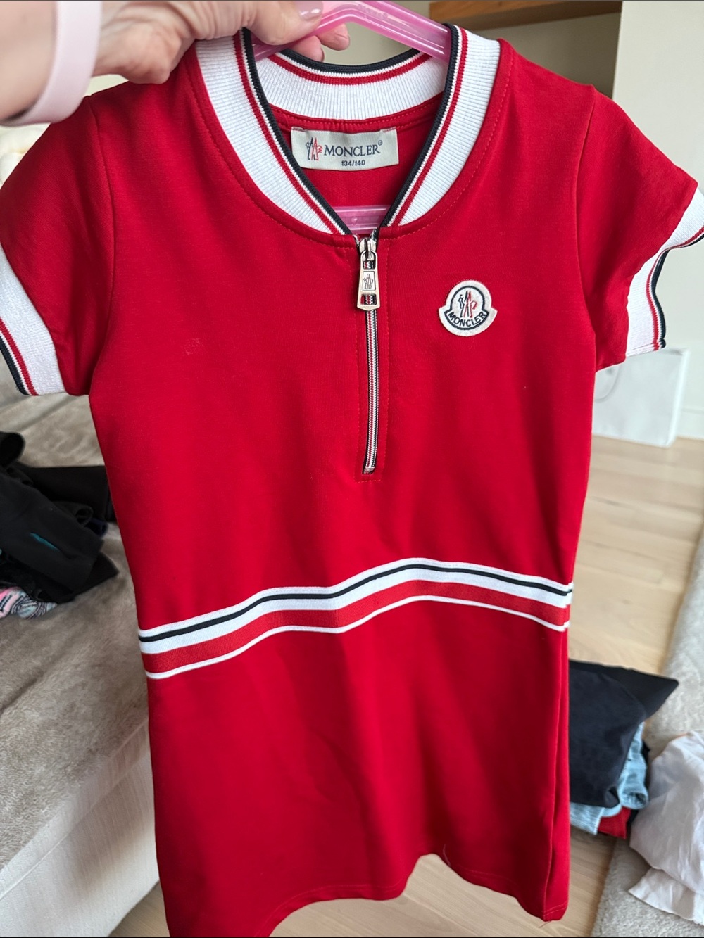 Moncler Red Short-Sleeve Polo Dress with Contrast Trim